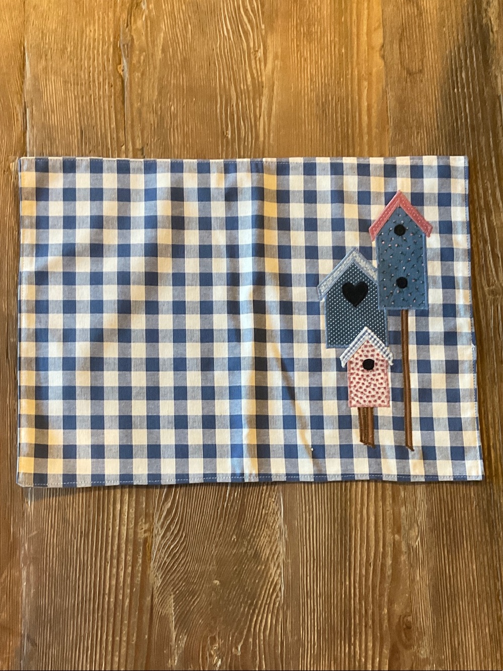 Handmade Blue Gingham Placemat with Birdhouse Appliqué - 6 available